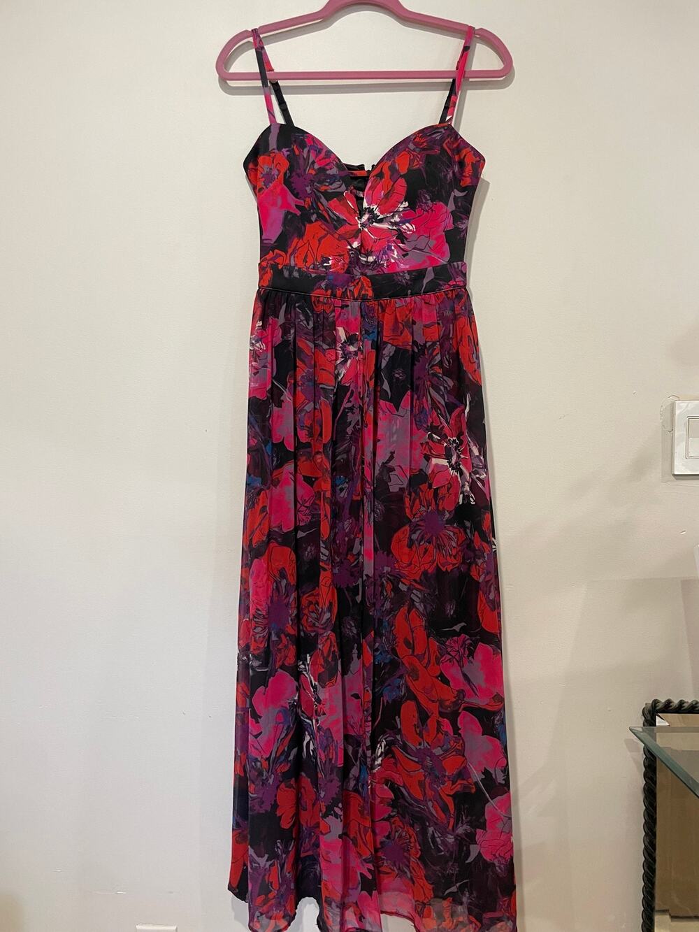 bebe Floral Sleeveless Sweetheart Neck Slit Front Maxi Dress Red Multi Women's S
